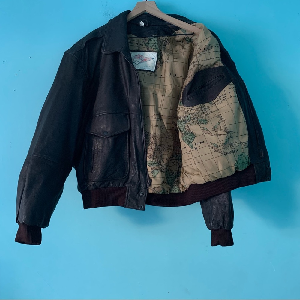Kuang Huei Vintage Brown Leather Bomber Flight Jacket XL Atlas Ocean Map Retro
